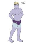  3:4 anthro anthrofied briefs briefs_only bulge clothed clothing dialogue english_text full-length_portrait fuze generation_1_pokemon hands_on_hips hi_res machop male navel nintendo nipples pokemon pokemon_(species) pokemorph portrait purple_briefs purple_clothing purple_underwear rex_(fuze) simple_background slightly_chubby solo suntan tan_line text topless underwear underwear_only white_background 