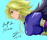  1girl black_wings blonde_hair breasts breath_of_fire breath_of_fire_ii character_name copyright_name dated dress feathered_wings green_eyes long_hair nina_(breath_of_fire_ii) simple_background solo tsuyoshi_saito wings 