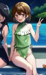  2girls absurdres alternate_color bandaid bandaid_on_face brown_eyes brown_hair casual_one-piece_swimsuit commentary_request commission cosplay covered_navel crab eckert&amp;eich feet_out_of_frame frilled_shirt frills green_one-piece_swimsuit green_shirt highleg highleg_swimsuit highres kantai_collection multiple_girls night oboro_(kancolle) one-piece_swimsuit outdoors sagiri_(kancolle) sagiri_(kancolle)_(cosplay) shirt short_hair side-tie_swimsuit sitting skeb_commission sleeveless sleeveless_shirt soaking_feet solo_focus swimsuit ushio_(kancolle) water 