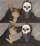  1boy animal black_jacket blurry blurry_background call_of_duty call_of_duty:_modern_warfare_2 dog english_text ghost_(modern_warfare_2) highres hood hood_down hooded_jacket jacket licking licking_another&#039;s_face male_focus mask roachp0t simple_background skull_mask tongue tongue_out 