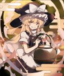  1girl apron asakura_maru black_headwear black_skirt black_vest blush bow braid grin hat hat_bow holding holding_kettle kettle kirisame_marisa long_hair looking_at_viewer seigaiha shirt short_sleeves single_braid skirt smile solo touhou vest waist_apron white_apron white_bow white_shirt witch_hat yellow_eyes 