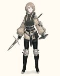  1girl armor belt brown_hair buckler elbow_pads fantasy full_body grey_eyes highres holding holding_polearm holding_shield holding_weapon km_yama knee_pads long_hair long_sleeves open_mouth original pauldrons polearm pouch sheath shield short_hair_with_long_locks short_sword shoulder_armor sidelocks simple_background single_elbow_pad single_pauldron solo standing sword weapon white_background 