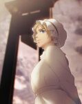  1girl arms_behind_back blonde_hair blue_eyes breasts christa_renz chromatic_aberration commentary_request dress from_below from_side guillotine hanpetos hat lens_flare medium_breasts mob_cap profile shingeki_no_kyojin solo spanish_commentary upper_body white_dress 
