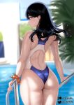  1girl ass back_cutout black_hair blue_one-piece_swimsuit blurry blurry_background clothing_cutout commentary cowboy_shot day english_commentary floating_hair from_behind gridman_universe highleg highleg_swimsuit highres legs_together long_hair looking_at_viewer one-piece_swimsuit orange_scrunchie outdoors paid_reward_available parted_lips patreon_logo patreon_username pool pool_ladder profile scrunchie solo ssss.gridman swimsuit takarada_rikka thighs tree twitter_logo twitter_username two-tone_swimsuit water wet white_one-piece_swimsuit wrist_scrunchie zasshu 