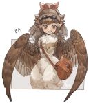  1girl abuku bag blush brown_eyes brown_feathers brown_hair brown_wings commentary_request feathered_wings feathers goggles goggles_on_head hair_ribbon harpy long_hair looking_at_viewer messenger_bag monster_girl original pointy_ears ponytail red_ribbon ribbon shoulder_bag simple_background smile solo teeth white_background wide_hips winged_arms wings 