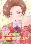  1girl blush bouquet brown_hair chiraura confetti eating feeding flower fork happy_birthday harukawa_fuki highres holding holding_fork long_sleeves looking_at_viewer lycoris_recoil lycoris_uniform purple_eyes short_hair yellow_background 