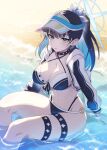 1girl alternate_costume beach bikini black_choker black_hair blue_archive blue_eyes blue_hair breasts choker colored_inner_hair cropped_jacket halo highres large_breasts matsumoto_tomoyohi multicolored_hair navel open_mouth ponytail saori_(blue_archive) sitting solo stomach swimsuit thigh_strap visor_cap 