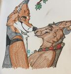 anthro aster(atlasnaster) atlas(atlasnaster) atlasnaster_(artist) bell bell_collar boop bovid brown_body brown_fur canid canine canis caprine collar duo female fur horn jackal male male/female mammal mistletoe nose_boop nose_to_nose orange_body orange_fur plant sheep 