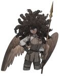  1girl absurdres bird_girl bird_wings blue_eyes brown_hair brown_wings closed_mouth commentary cowboy_shot cross_scar curly_hair dark-skinned_female dark_skin floating_hair hand_on_own_hip head_tilt highres holding holding_polearm holding_weapon long_hair long_sleeves looking_at_viewer napal_(ve_xillum) original polearm ringed_eyes scar scar_across_eye scar_on_face simple_background solo spear standing symbol-only_commentary weapon white_background wide-eyed wings 