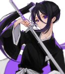  1girl black_hair bleach blurry blurry_foreground closed_mouth commentary_request hair_between_eyes hair_ribbon highres japanese_clothes katana kuchiki_rukia long_sleeves ribbon short_hair_with_long_locks simple_background sketch solo sword twitter_username ui_1231 weapon white_background 