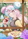  1girl absurdres blue_hair cafe candy chalkboard flower food hand_on_own_cheek hand_on_own_face highres holding holding_food hydrangea iono_(pokemon) light_blue_hair long_hair multicolored_hair one_eye_closed pikachu pink_hair plant plate pokemon pokemon_(game) pokemon_sv restaurant sitting solo sweets through_window tsukune2398 two-tone_hair 