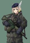  absurdres ak_5 alfhilde ammunition_pouch assault_rifle beret blonde_hair blush camouflage camouflage_jacket camouflage_pants commission fn_fnc gloves gradient_hair green_eyes gun hat head_wings highres indie_virtual_youtuber jacket katou_ittouhei looking_at_viewer magazine_(weapon) multicolored_hair pants photo-referenced pointy_ears pouch rifle skeb_commission smile solo swedish_flag swedish_uniform trigger_discipline weapon wings 