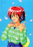  1990s_(style) blue_eyes blurry blurry_background carrying_over_shoulder green_skirt headphones highres hinomoto_hikari holding holding_sack kokura_masashi long_sleeves non-web_source official_art one_eye_closed open_mouth petals red_hair retro_artstyle sack shirt short_hair simple_background skirt striped striped_shirt tied_shirt tokimeki_memorial tokimeki_memorial_2 