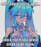  1girl absurdres aqua_eyes aqua_hair aqua_nails aqua_necktie artist_name bare_shoulders black_sleeves blush bright_pupils closed_mouth commentary detached_sleeves english_commentary english_text grey_shirt hair_between_eyes hair_ornament hatsune_miku highres image_macro_(meme) impact_(font) index_fingers_together long_hair long_sleeves looking_at_viewer meme nail_polish necktie sainttufa shirt sidelocks simple_background sleeveless sleeveless_shirt smile solo twintails upper_body vocaloid watermark white_background white_pupils wide_sleeves 