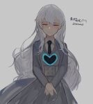  1girl adapted_costume black_necktie blue_star closed_eyes closed_mouth coat collared_shirt cowboy_shot e.g.o_(project_moon) employee_(lobotomy_corporation) grey_coat grey_skirt grey_vest heart highres lk0_71604 lobotomy_corporation long_hair long_sleeves necktie project_moon shirt simple_background skirt solo vest white_background white_hair white_shirt 