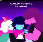  absurd_res anthro big_ears blush bovid breasts caprine clothed clothing cuddling deltarune detailed detailed_background detailed_fur dialogue digital_media_(artwork) dragon embrace english_text eyes_closed eyewear female flustered fur goat grass hair hi_res horn hug human humanoid interspecies kris_(deltarune) lying male male/female male/male mammal outside pachiimochii plant ralsei reptile romantic scalie simple_background smile susie_(deltarune) text topwear undertale_(series) white_body white_fur 
