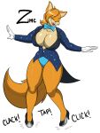  2018 5_fingers absurd_res alexandra_vixen_(fusiondragon180) anthro big_breasts black_tie_(suit) blue_bow_tie blue_clothing blue_coat blue_jacket blue_neckwear blue_panties blue_topwear blue_underwear breasts button_(fastener) canid canine canine_teeth cheek_tuft cleavage clothed clothing coat contact_onomatopoeia dance_shoes dancewear dancing eyebrows eyelashes eyes_closed facial_markings facial_tuft female fingers footwear fox fur glistening glistening_body glistening_breasts glistening_clothing glistening_footwear glistening_fur glistening_hair glistening_high_heels glistening_legs glistening_shoes gloves hair handwear head_markings hi_res high_heels huge_breasts impact_lines impact_onomatopoeia jacket mammal markings muzzle_(marking) onomatopoeia open_mouth open_smile orange_body orange_fur panties shoes simple_background smile snout snout_markings solo sound_effects sparkling_clothing suit tail tailcoat tan_body tan_fur tan_markings tap_dancing tap_shoes text thick_thighs topwear tuft underwear white_background white_clothing white_gloves white_handwear zeromccall 
