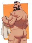 1boy ass back bara baramantik completely_nude forked_eyebrows from_behind full_beard highres looking_at_viewer looking_back male_focus mature_male mohawk muscular muscular_male nude old old_man plump scar_on_shoulder short_hair sideburns solo standing street_fighter street_fighter_6 strongman_waist thick_beard thick_mustache thick_thighs thighs two-tone_background veins veiny_thighs wrinkled_skin zangief 