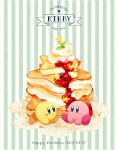  :o anniversary berry blue_eyes blush blush_stickers closed_mouth commentary_request dated food fruit green_background happy_birthday kirby kirby_(series) kotori_(lycka) looking_at_another mint no_humans pancake pancake_stack simple_background sitting smile star-shaped_food star_(symbol) star_rod strawberry_syrup striped striped_background two-tone_background whipped_cream white_background 