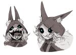  0ud0ntabetabe 1boy absurdres animal_ear_fluff animal_hood bags_under_eyes black_sclera blue_eyes cloak colored_sclera cracked_mask ear_down evil_smile expressions fur-trimmed_cloak fur_trim highres hood hood_up identity_v ithaqua_(identity_v) long_tongue looking_afar looking_at_viewer male_focus mask medium_hair monochrome monster_boy multiple_views open_mouth portrait sharp_teeth simple_background smile spot_color teeth tongue 