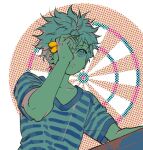  blue_eyes collarbone dart dartboard from_below highres holding_dart hunter_x_hunter killua_zoldyck male_child male_focus mr_study shirt short_hair short_sleeves striped striped_shirt upper_body white_hair white_shirt 