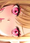  1girl 58_(opal_00_58) absurdres blonde_hair blush close-up closed_mouth commentary eye_focus eyelashes fingernails hair_between_eyes highres kitagawa_marin long_fingernails long_hair looking_at_viewer nail_polish pink_eyes pink_nails solo sono_bisque_doll_wa_koi_wo_suru 