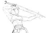  1girl abs crop_top headband highres looking_to_the_side muscular muscular_female muzhur original simple_background sketch solo sword toned weapon white_background 