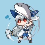  1girl :&gt; absurdly_long_hair absurdres animal arknights bare_shoulders blue_background blue_bow blue_shorts bow breasts brown_footwear chibi closed_mouth commentary_request dog-san full_body grey_hair hair_between_eyes highres holding holding_animal long_hair looking_to_the_side medium_breasts navel open_mouth polka_dot polka_dot_bow red_eyes sacabambaspis sandals short_shorts shorts sidelocks simple_background skadi_(arknights) skadi_(waverider)_(arknights) solo standing swinging very_long_hair white_headwear 