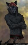  2023 anthro black_body black_fur black_nose bottomwear canid canine canis clothed clothing conway_(game) crossed_arms fur head_covering looking_at_viewer male mammal nomax pants partially_clothed red_belt solo tail text topless topless_male url white_eyes wolf wolf_(conway) 