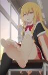  1girl absurdres barefoot black_shirt black_socks blonde_hair blue_eyes bow bowtie ceiling_light classroom collared_shirt commentary desk disgust dusk feet foot_focus foot_out_of_frame foreshortening gabriel_dropout gabriel_tenma_white hair_between_eyes half-closed_eyes highres holding holding_shoes indoors kneehighs long_hair looking_at_viewer looking_down nayuta_(user_drrc3878) open_mouth plaid plaid_skirt pleated_skirt red_bow red_bowtie ringed_eyes school_desk school_uniform shirt shoes short_sleeves single_barefoot single_kneehigh single_sock sitting skirt socks soles solo toenails toes two-tone_shirt white_shirt window 