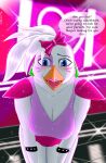  &lt;3 accessory anthro avian beak bird blue_eyes bottomwear bow_(disambiguation) bow_ribbon breasts chicken clothed clothing dialogue ear_piercing eyelashes eyeshadow female five_nights_at_freddy&#039;s five_nights_at_freddy&#039;s:_security_breach galliform gallus_(genus) glamrock_chica_(fnaf) hair_accessory hair_bow hair_ribbon hartery hi_res led_light light lipstick looking_at_viewer makeup non-mammal_breasts phasianid piercing ribbons scottgames solo speech_bubble steel_wool_studios workout_clothing 