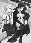  2boys akutagawa_ryuunosuke_(bungou_stray_dogs) ascot black_gloves blush bungou_stray_dogs closed_mouth coat collared_shirt fingerless_gloves full_body gloves greyscale highres knee_up long_coat looking_at_viewer male_focus monochrome multiple_boys nakajima_atsushi_(bungou_stray_dogs) necktie open_mouth pants pants_rolled_up shirt shoes short_hair sitting smile suspenders totomuraakat 