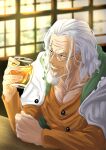  1boy alcohol beard black_eyes blurry blurry_background cup facial_hair glasses highres holding holding_cup indoors long_hair long_sleeves male_focus mature_male musasabiop old old_man one_piece orange_shirt pectorals shirt silvers_rayleigh sitting solo white_hair 