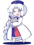  1girl :d chahan_(fried_rice0614) chibi clipboard commentary_request full_body grey_eyes grey_hair hat highres holding holding_clipboard looking_at_viewer nurse_cap open_mouth parted_bangs shadow simple_background smile solo touhou white_background yagokoro_eirin 