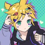  1boy 25-ji_len 25-ji_nightcord_de._(project_sekai) arm_up bandaid bandaid_on_cheek bandaid_on_face black_hoodie blonde_hair commentary_request drawstring fingernails green_eyes hair_ornament hairclip hand_up heart heart_hair_ornament highres hood hood_down hoodie kagamine_len long_sleeves looking_at_viewer male_focus negai_wa_itsuka_asa_o_koete_(project_sekai) official_alternate_costume parted_lips project_sekai raika_(bc1rub8tpr5jp2l) short_hair solo upper_body vocaloid x_hair_ornament yellow_nails 