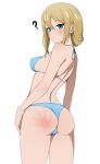  1girl ? absurdres ass bare_shoulders bikini blonde_hair blue_bikini blue_eyes blue_scrunchie blush breasts closed_mouth coro_fae from_behind hair_between_eyes hair_ornament hair_scrunchie halterneck hayasaka_ai highres kaguya-sama_wa_kokurasetai_~tensai-tachi_no_renai_zunousen~ long_hair looking_at_viewer medium_breasts paid_reward_available scrunchie sidelocks simple_background slap_mark solo spanked swimsuit thighs white_background 