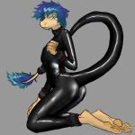  absurd_res ambiguous_gender ankle_cuffs anthro blue_hair clothing cuff_(restraint) glistening glistening_clothing hair hi_res hindpaw kneeling multi_eye pawpads paws restraints rubber rubber_clothing rubber_suit smile snout solo tail tail_tuft thecore34 tuft unknown_species wrist_cuffs yellow_body 