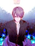  1boy 5204 bellflower black_jacket blood blood_on_clothes blue_flower brown_hair bud chinese_bellflower chou_no_doku_hana_no_kusari closed_mouth collarbone flower hair_between_eyes highres jacket japanese_clothes kimono long_sleeves majima_yoshiki male_focus nomiya_yuriko purple_hair sandals short_hair solo_focus translation_request 