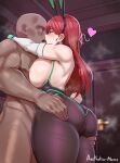  1boy 1girl absurdres aestheticc-meme animal_ears ass ass_focus ass_grab back bald blush breasts brown_eyes clothed_female_nude_male dark-skinned_male dark_skin erza_scarlet fairy_tail french_kiss from_behind hetero highres huge_ass kiss large_breasts leotard long_hair muscular muscular_male nude official_alternate_costume pantyhose rabbit_ears rabbit_tail red_hair tail thick_thighs thighs toned tongue tongue_out 