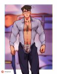  1boy bara belt black_hair blue_eyes blush boxers chest_hair clark_kent dc_comics glasses highres large_pectorals looking_at_viewer loose_belt male_focus male_underwear manlyhand muscular muscular_male my_adventures_with_superman necktie open_clothes open_shirt pectorals penis penis_peek short_hair solo superman_(series) surprised tight_clothes underwear undressing 