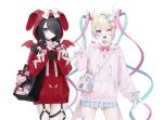  2girls ;d ame-chan_(needy_girl_overdose) animal_ears bag bat_wings black_choker black_hair blonde_hair blue_eyes blush bow choker chouzetsusaikawa_tenshi-chan dual_persona emoji garter_straps hair_ornament hairclip heart highres jirai_kei long_hair long_sleeves multiple_girls needy_girl_overdose ohisashiburi one_eye_closed pink_hair pink_sweater pleading_face_emoji pleated_skirt quad_tails red_sweater shoulder_bag skirt smile stuffed_toy sweater v very_long_hair wand white_background wings 