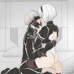  1boy 1girl ass bed black_blindfold black_collar black_gloves black_hairband black_jacket black_shorts blindfold boots collar commentary french_kiss gloves grey_hair hairband hetero highres jacket juliet_sleeves kiss leotard long_sleeves nier:automata nier_(series) pillow puffy_sleeves shirl_geem shorts sitting sitting_on_lap sitting_on_person skirt skirt_removed symbol-only_commentary thigh_boots thong_leotard twitter_username watermark yorha_no._2_type_b yorha_no._9_type_s 