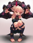  1girl absurdres blonde_hair blunt_bangs boku_no_hero_academia breasts briar_(league_of_legends) briar_(league_of_legends)_(cosplay) cosplay double_bun earrings fangs fingernails full_body gradient_background hair_bun highres jewelry knees knees_up league_of_legends nail_polish no_shoes pointy_ears red_nails shadow sharp_fingernails sidelocks simple_background solo teeth toeless_legwear toenail_polish toenails toes toga_himiko tongue tongue_out unusualpie wrist_cuffs yellow_eyes 