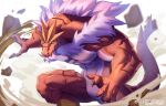  2022 5_fingers abs absurd_res anthro artist_name black_sclera blue_eyes casual_nudity countershading dated digital_media_(artwork) dirt fansl featureless_crotch fighting_pose fingers fossil_pokemon generation_6_pokemon head_crest hi_res looking_at_viewer male muscular muscular_anthro muscular_arms muscular_male nintendo pecs pokemon pokemon_(species) pose red_body serious solo spiked_tail spikes spikes_(anatomy) tyrantrum white_body 