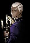  +_+ 1boy absurdres black_background black_eyes candelabra candle candlestand dark-skinned_male dark_skin darkness enrico_pucci highres jojo_no_kimyou_na_bouken looking_back male_focus priest rosary solo stone_ocean upper_body user_dapv2434 white_hair 