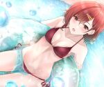  1girl bare_shoulders bikini blush breasts brown_hair cleavage collarbone dot_nose floral_print hair_ornament hairclip highres higuchi_madoka idolmaster idolmaster_shiny_colors in_water innertube looking_at_viewer medium_breasts mole mole_under_eye navel open_mouth red_bikini red_eyes short_hair side-tie_bikini_bottom solo swept_bangs swimsuit water_drop yuzuyu_(hyui) 