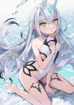 1girl bare_shoulders barefoot blush breasts dragon_tail dragon_wings fate/grand_order fate_(series) forked_eyebrows highres horns long_hair looking_at_viewer melusine_(fate) melusine_(swimsuit_ruler)_(fate) one-piece_swimsuit open_mouth shibainu sidelocks sitting small_breasts solo swimsuit tail thighlet thighs wariza water white_hair white_one-piece_swimsuit wings yellow_eyes 