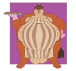  2022 a-side anthro apron apron_only balls belly big_balls big_belly canid canine clothing disney fox front_view fur genitals gideon_grey hair hand_on_hip hi_res holding_object holding_tray looking_at_viewer male mammal mostly_nude mouth_closed obese obese_anthro obese_male overweight overweight_anthro overweight_male pie_(food) smile smiling_at_viewer solo standing tray zootopia 