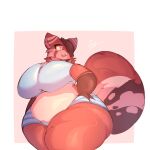  1:1 2023 :3 ailurid anthro belly big_breasts big_tail biped blue_bottomwear blue_clothing blue_shirt blue_shorts blue_topwear border bottomwear breasts brown_body brown_fur brown_hair brown_nose brown_tail brown_tail_tip cheek_tuft clothed clothing colored countershade_face countershade_fur countershade_tail countershade_torso countershading curvy_figure cute_fangs digital_media_(artwork) facial_tuft female female_anthro front_view fully_clothed fur glistening glistening_body glistening_fur gloves_(marking) grey_background hair hair_over_eye hand_on_hip hi_res huge_breasts huge_thighs lightmizano looking_at_viewer mammal markings midriff monotone_hair multi_tone_fur multicolored_body multicolored_ears multicolored_fur multicolored_tail neck_tuft one_eye_obstructed open_:3 open_mouth open_smile overweight overweight_anthro overweight_female pink_inner_ear portrait pupils red_body red_ears red_fur red_panda red_tail shaded shirt short_hair shorts signature simple_background smile solo standing tail tan_body tan_countershading tan_ears tan_fur tan_tail thick_tail thick_thighs three-quarter_portrait three-quarter_view topwear tuft two_tone_ears voluptuous white_border white_bottomwear white_clothing white_pupils white_shorts wide_hips yellow_eyes 
