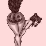  1:1 animal_humanoid bent_over black_and_white bodypaint butt casimira_(orannis0) crossed_legs drill_curls female fluffy fluffy_tail genitals hair humanoid looking_back mammal mammal_humanoid monochrome pinup pose pussy rodent rodent_humanoid sciurid sciurid_humanoid solo suumunster tail tree_squirrel_humanoid 